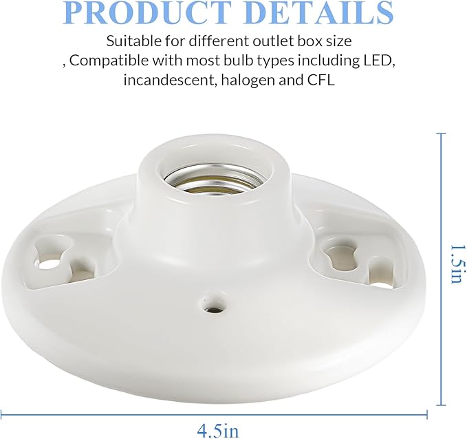 4 Pcs Medium Base E26 Lamp Holder Ceiling Light Sockets White Bulb Socket Incandescent Fluorescent CFL Lamp Holder 660w 250v (Porcelain)