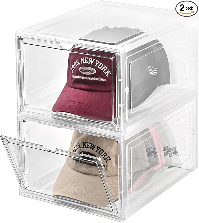 Hat Organizer Box,Stackable Clear Baseball Caps Holder Box Containers with Magnetic Door for Hats Snapback Cap Storage,Clear Hat Storage with Magnetic Door, Holds 20 Hats(clear, 2 pack)