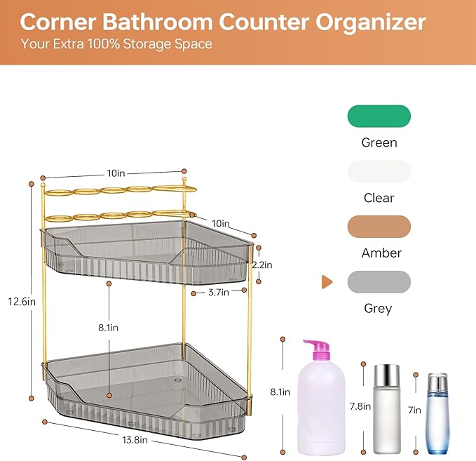 Corner Bathroom Counter Organizer with Makeup Brush Holder & Toothbrush Holders, Makeup Organizer for Vanity Countertop, Acrylic Skincare Storage Shelf (Grey, 2-Tier)