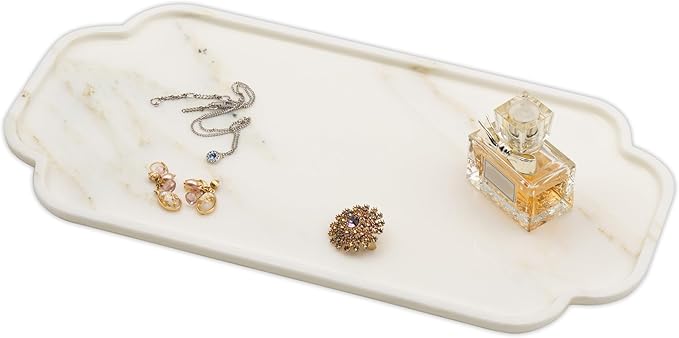 Marmor Real Natural Marble Bathroom Tray for Perfume, Candles, Jewelry Stone Vanity, Bathroom & Kitchen Counter Organizer and Home Decor (Calacatta Gold Marble Lace Long Plate)