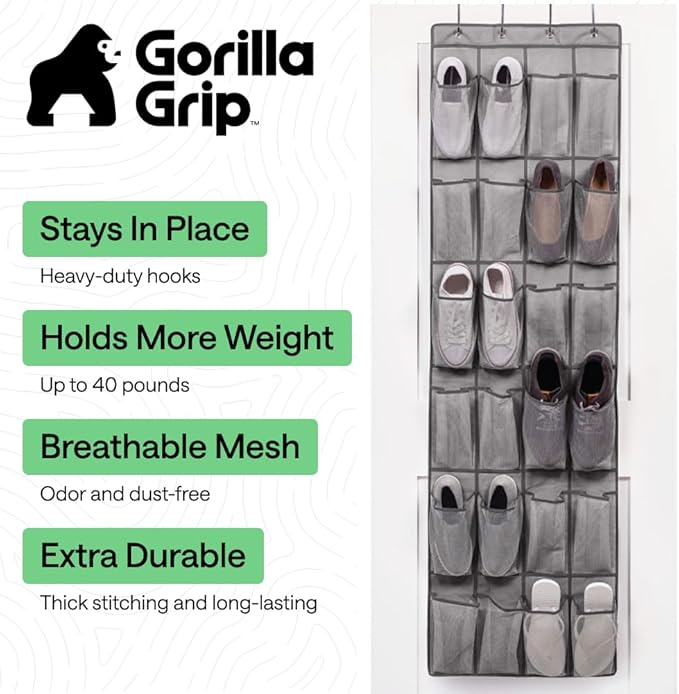 GORILLA GRIP Over the Door Shoe Organizer, 24 Large Breathable Mesh Pockets, Space Saving Hanging Storage Holder, Closet Rack Hanger Holds Up to 40 lbs, Hangs on Closets for Shoes, Accessories, Gray