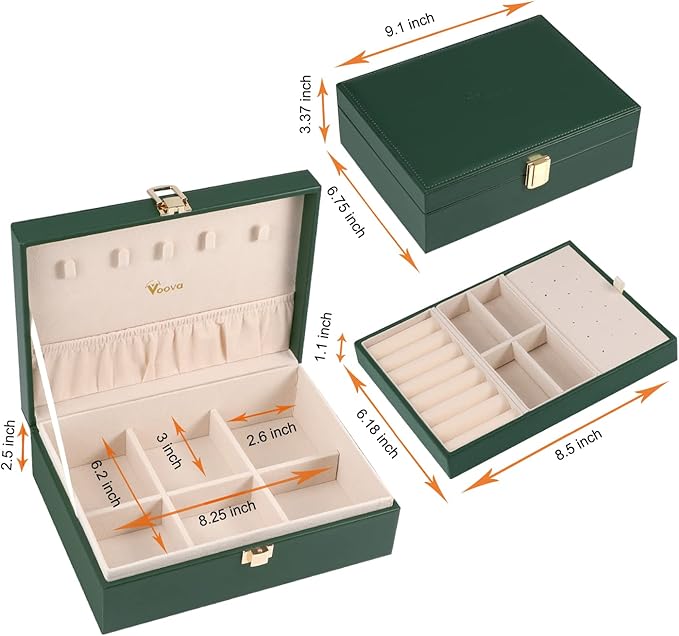 Voova Jewelry Box Organizer for Women Girls, 2 Layer Large Men Jewelry Storage Case, PU Leather Display Jewellery Holder with Removable Tray for Necklace Earrings Rings Bracelets, Blackish Green