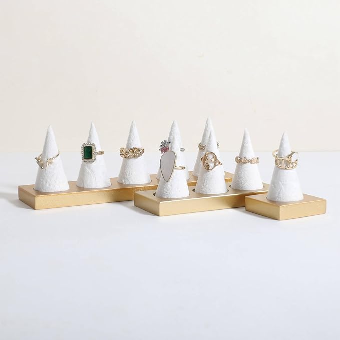 GemeShou Jewelry ring display holder for selling, velvet ring cone display stand, cute cone shaped ring holder with golden coated base,Small jewelry ring storage organizer【Ring holder-white 1 cone】