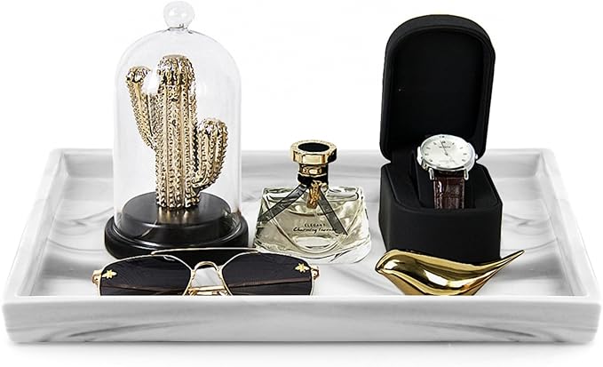 12" Large Ceramic Vanity Tray, Rectangle Perfume Plate Organizer, Jewelry Holder Dish, Non Slip Decorative Tray for Bathroom, Bedroom, Kitchen, Coffee Table (Marble Grey)