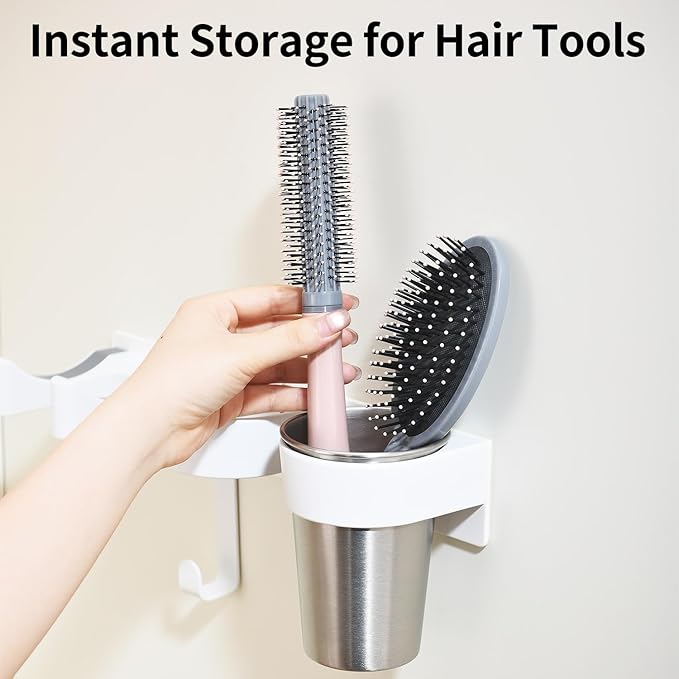 Hot Tools Organizer, Hair Tool Organizer Wall Mount Aluminum Alloy, Space-Saving Curling Iron Holder for Vanity & Bathroom with Stainless Steel Cups White CHOCHOYAH
