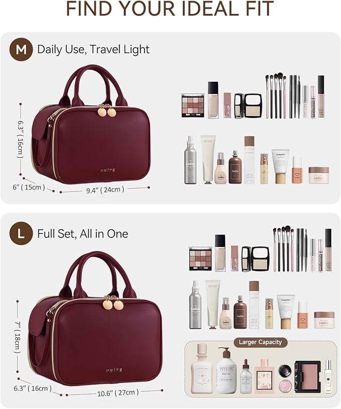 Prite Makeup Bag for Women, Large Capacity Waterproof Travel Cosmetic Organizer, Portable Open Flat Toiletry Bag with Free-standing Brush Holder and Handle (Burgundy Large)