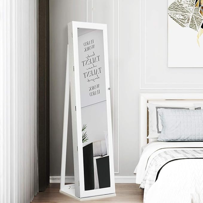 CHARMAID Standing Jewelry Armoire with Tall Full Length Mirror, 2-in-1 Lockable Jewelry Cabinet Organizer with Large Storage Capacity, Inside Makeup Mirror, Stable Base, Easy Assembly (White)