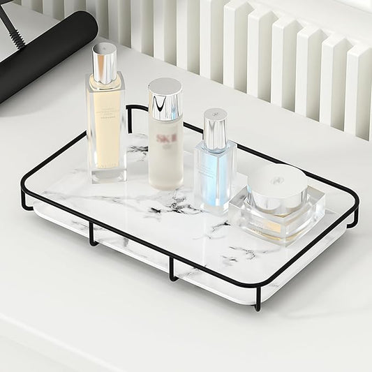 Vanity Tray Makeup Organizer Cosmetics Storage Bathroom Skincare Organizer Countertop Display Rack in Dresser Stainless Steel Shelf Marble Print Ceramic Trays