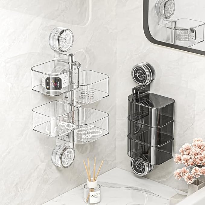 4-Layer Rotating Transparent Suction Cups Wall Mounted Organizer for Small Items,Bathroom Holder for Trinkets Hairpin Q-Tips mini beauty sponges (4-Tier-Clear, M)