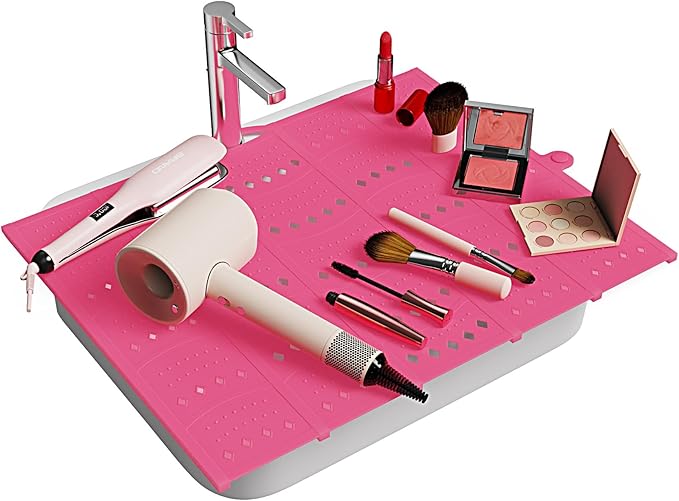 Bathroom Sink Cover for Counter Space, Foldable Silicone Sink Mat Makeup Organizer Mat Space Saver, Women’s Gifts for Valentines RV Camper Travel Must Haves Accessories, Pink