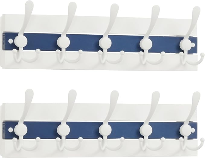 SKOLOO Coastal Wall Mounted Coat Rack - 16-7/8" Beach House Entryway Wooden Coat Hook with 5 Hooks for Hanging Coats, Hats or Towels, Oceanfront Cottage Core Collection, White & Blue, Pack of 2