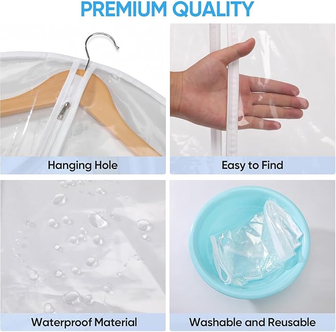 60” All Clear Garment Bags for Travel - PEVA Waterproof Suit Cover with Zipper for Hanging Clothes, long Gowns - Durable Dresser for Closet Storage, Dustproof & Moisture Resistant - 60”/6 Pack