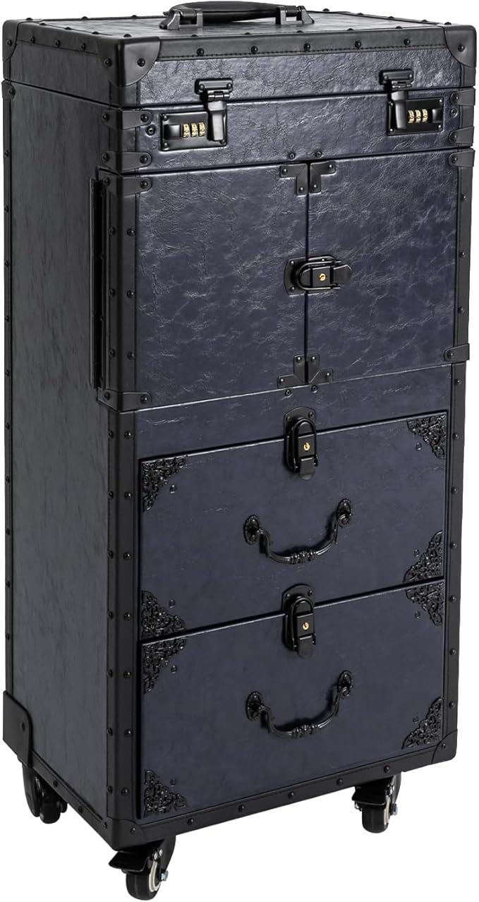 Rolling Makeup Case Large Storage Cosmetic Trolley, Rolling Lockable Makeup Train Case, Stylist Beauty Salon Cosmetic Luggage Travel Organizer Tool Box with Hair Dryer Holder (Blue)