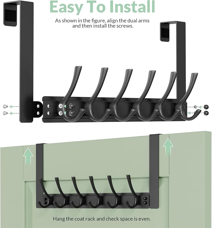 Over The Door Hooks with 6 Hooks for Hanging-Space-Saving,Over The Door Hanger,Over The Door Towel Rack,Towel Hanger for Bathroom,Guaranteed Quality & Compressed Packaging (1, Black)