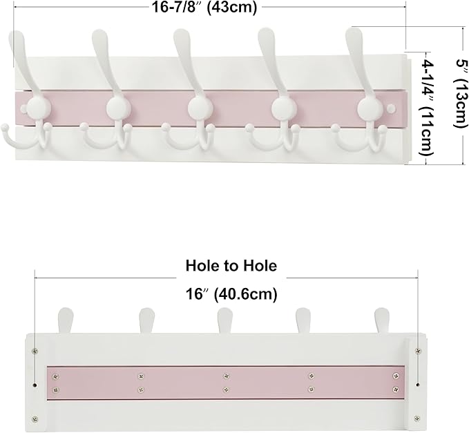 SKOLOO Coastal Wall Mounted Coat Rack - 16-7/8" Beach House Entryway Wooden Coat Hook with 5 Hooks for Hanging Coats, Hats or Towels, Oceanfront Cottage Core Collection, White & Palm Beach Pink