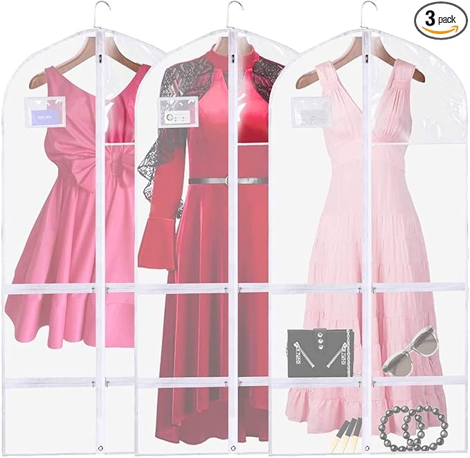 50 Inch Clear Garment Bags for Hanging Clothes (3 Pack), Extra Long Dance Costume Bags with 4 Zipper Pockets for Gowns, Lyrical Dresses & Pageant Competitions, Waterproof PVC Travel Carrier