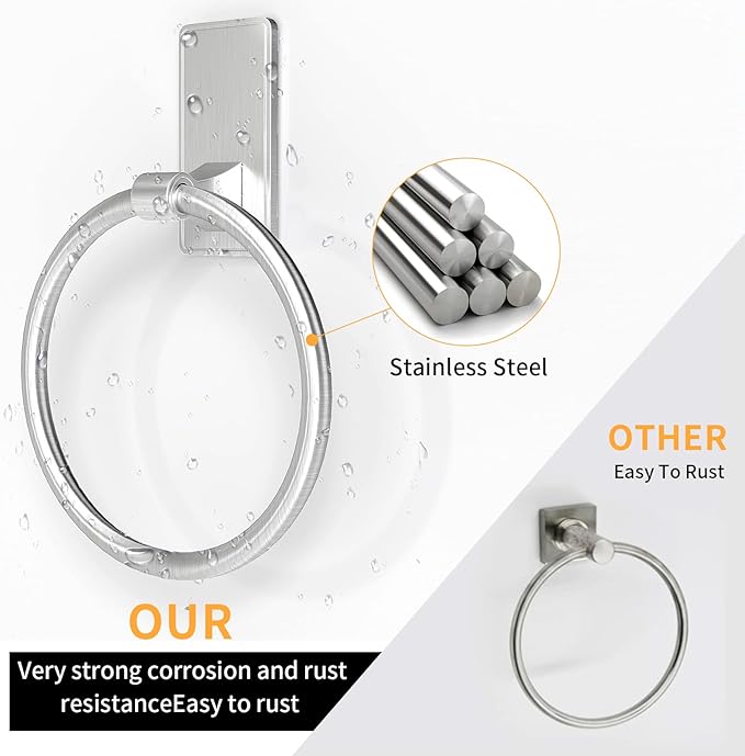 Towel Ring, SUS304 Hand Towel Holder for Bathroom，Adhesive Towel Holder Bathroom Towel Hanger for Bathroom, Kitchen, Brushed Nickel