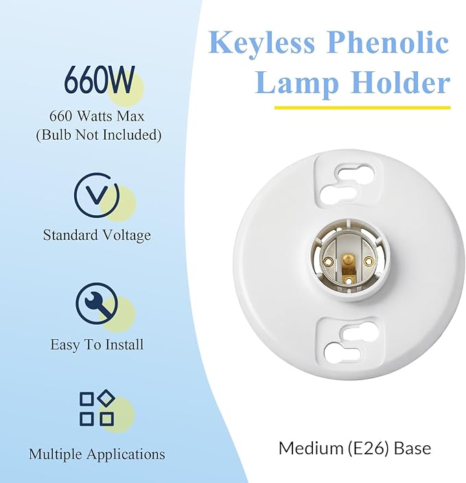 2 Pcs Medium Base E26 Lamp Holder Ceiling Light Sockets White Bulb Socket Incandescent Fluorescent CFL Lamp Holder 660w 250v (Phenolic Resin)