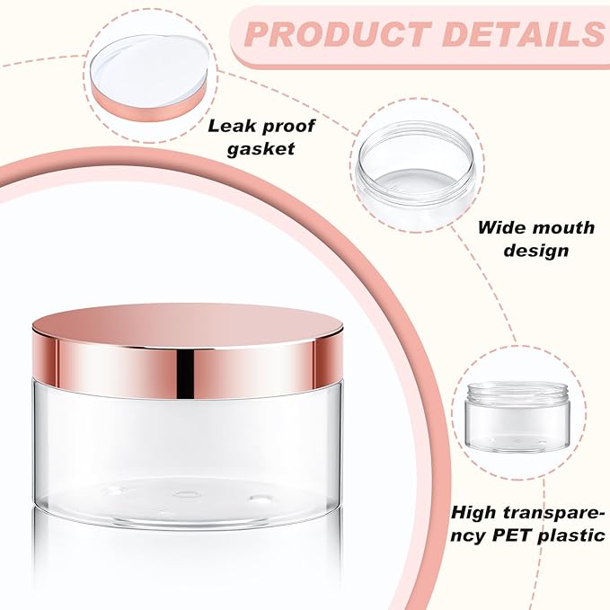 Dandat 24 Pcs 8 oz Plastic Jar Container with Lid and Label Refillable Empty Round Clear with Rose Gold Pet Cosmetic Sample Slime Containers for Lotion, Cream, Ointments, Body Butter, Travel Storage