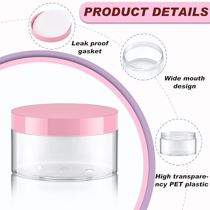 Dandat 24 Pcs 8 oz Plastic Jar Container with Lid and Label Refillable Empty Round Clear with Pink Pet Cosmetic Sample Slime Containers for Lotion, Cream, Ointments, Body Butter, Makeup Travel Storage