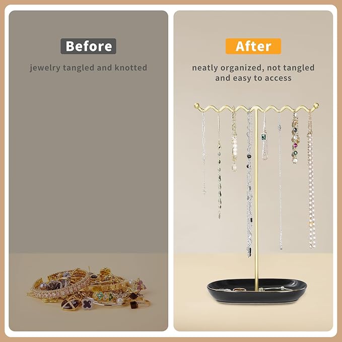 Elegant Jewelry Holder Tree Stand with Ceramic Tray - Metal Necklace Holder Organizer for Rings Bracelets Earrings - Tangle Free, Rustproof Decorative Display for Vanity Dresser Deluxe Black
