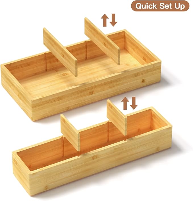 Bamboo Drawer Organizer 12.5'' X 12.5'' X 2'', Adjustable 3 Individual Junk Drawer organizer for Bathroom and Kitchen, Wood Drawer Tea Organier Boxes for Silverware, Make up and Tea Bag
