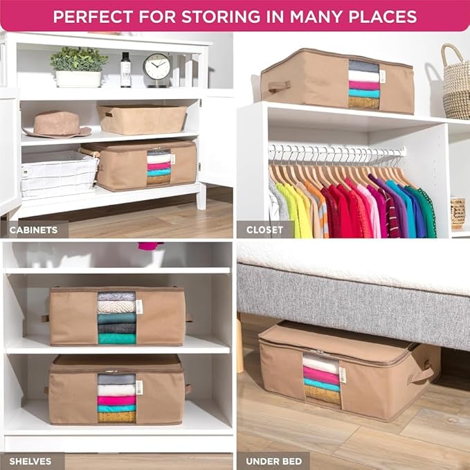 Cedar Clothes Storage Bag Organizer – Protects from Moths, Moisture, Dirt & Dust – Set of 2 Underbed Storage Bags for Clothes, Cashmere Sweaters, Bedding & More - Underbed Storage - Beige