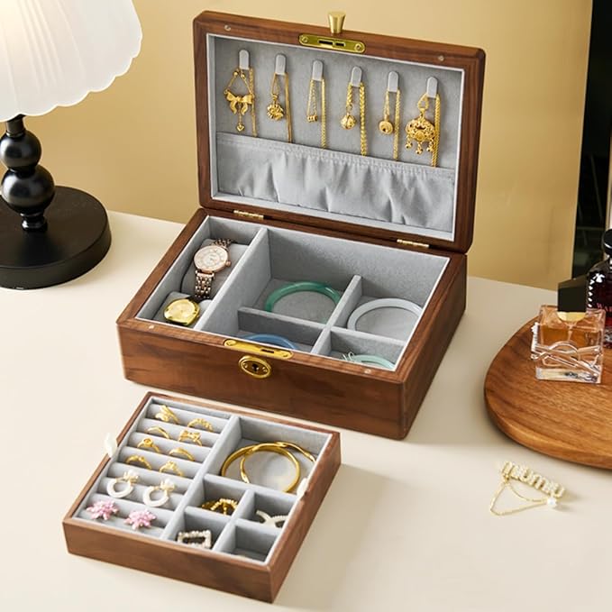 Bescott 2 Layers Solid Black Walnut Wooden Jewelry Box for Women with Lock and Key Wood Vintage Organizer for Men Earrings Rings Necklaces Bracelet Storage Mother's Day Gift