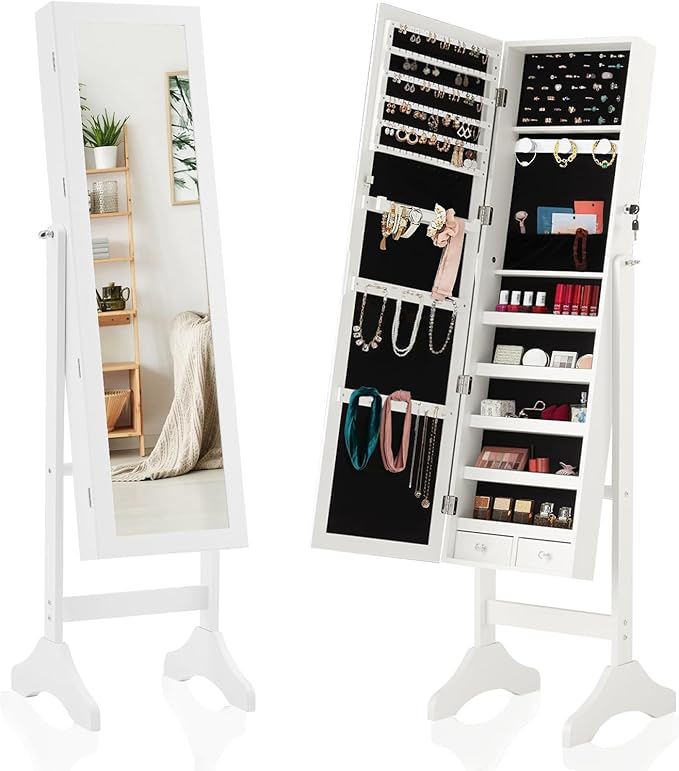 Jewelry Armoire with Full-Length Mirror, Lockable Velvet Lined Organizer with 5 Shelves, 3-Angle Adjustable Standing Mirror, 2 Keys & Bonus Pouch, Elegant White, 47.3 Inch
