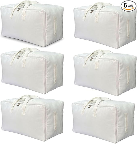Soft Canvas Clothes Storage Bags with Four Carrying Handles and Clear Window, Closet Organizer for Clothing, Blankets Sheets Pillows and Bedding, 55L, 6 Pack, White