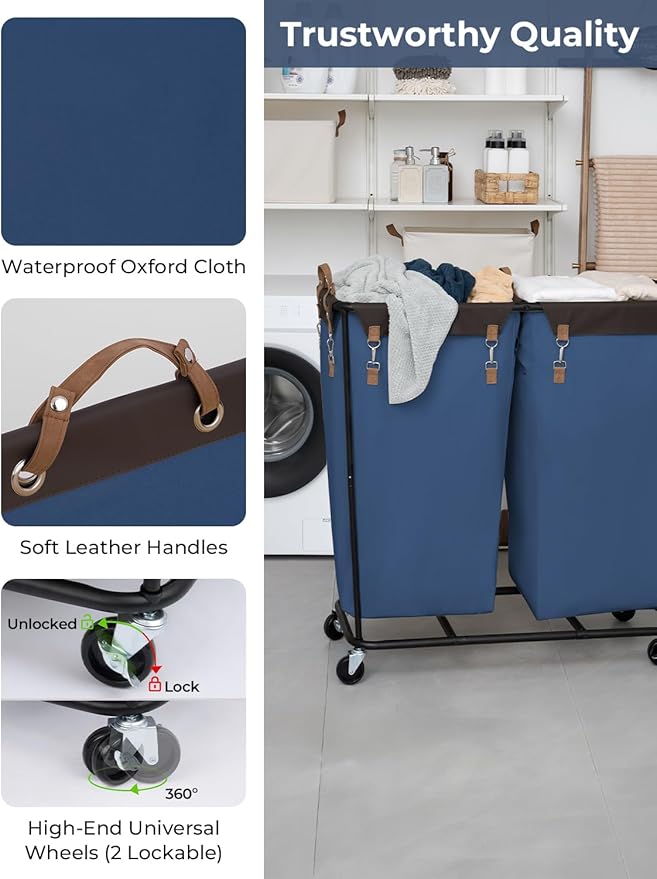 StorageWorks 390L Extra Large Laundry Hamper with Wheels, Laundry Basket with Wheels 2 Sections, Clothes Sorter Cart with Divider for Hotel, Home, Blue, 1-Pack