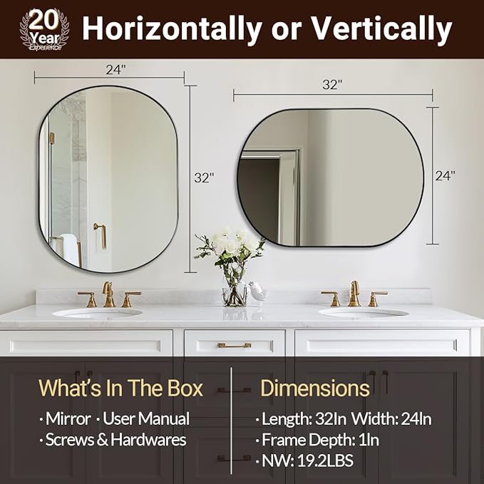 ANDY STAR 24x32'' Oval Mirror, Black Oval Mirror Pill-Shaped Design in Stainless Steel Metal Frame for Bathroom, Entryway, Living Room, Contemporary 1" Deep Wall Mount Vertical or Horizontal