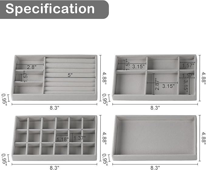 Jewelry Trays,Grey Velvet Stackable Organizer Trays,Drawer Inserts Jewelry Display Case For Rings Stud Necklaces Earring Organizer Tray for Women Girls-8 Pack