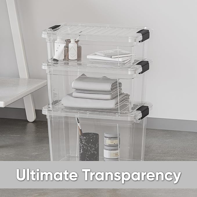 Superio Clear Storage Boxes with Lids, 26 Quart Plastic Container Bins for Organizing, Stackable Crates, BPA Free, Non Toxic, Odor Free, Organizers for Home, Office and Dorm, 8 Pack