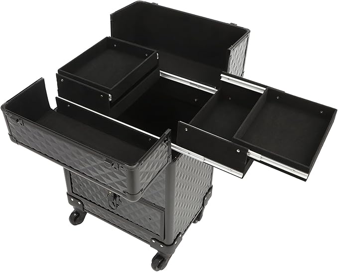 Makeup Rolling Case, Professional Rolling Nail Case Wheeled Manicure Storage Case Polish Organizer w/ Universal Wheels, Portable Adjustable Studio Travel Cart for Nail Technicians Hairstylist (Black)