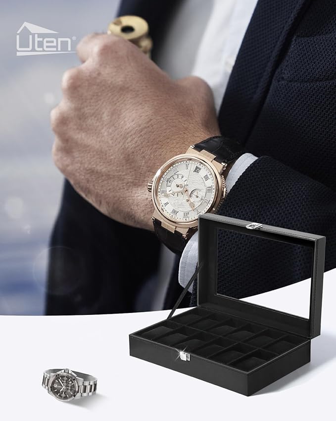 Uten Watch Boxes 12 Slots, Watch Box for Men, Watch Display Case, Watch Storage Box with Removable Cushion, Metal Clasp, PU Leather, Black