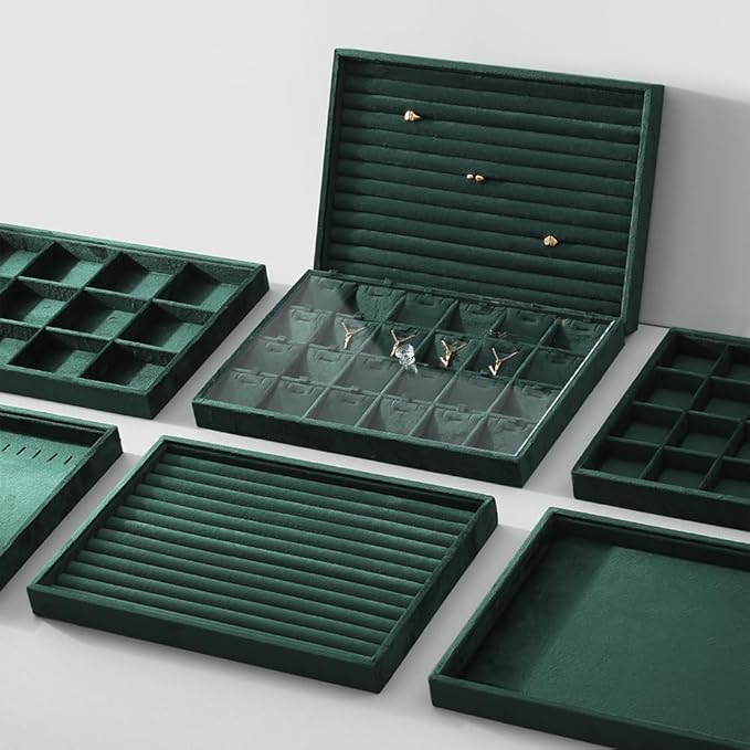 Velvet Stackable Jewelry Display Tray, 12 Grid Watch Bangle Bracelet Storage Tray, Makeup Drawer Insert Jewelry Shop Organizer Plate (Green)