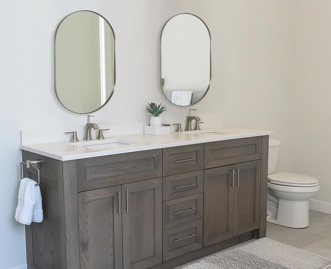 ANDY STAR Brushed Nickel Oval Bathroom Mirror, 30x40 Oval Nickle Mirror Pill Shaped in Premium Stainless Steel Metal Frame 1”Deep Wall Mounted Horizontal/Vertical