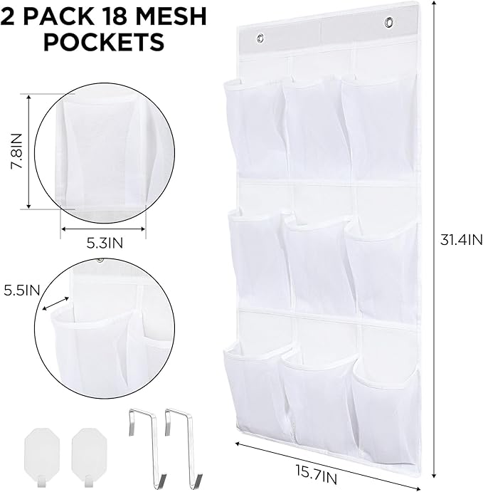 2 Pack 18 Pocket Wall Hanging Shoe Rack for Closet RV Shoe Storage with 8 Hooks over the Door Shoes Holder Organizer for Bathroom, RV, Pantry, Camping(White)