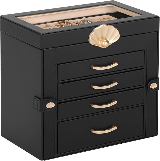 Jewelry Box with 4 Drawers: Display Organizer for Earrings Necklaces - Gifts for Girls Women (Black)