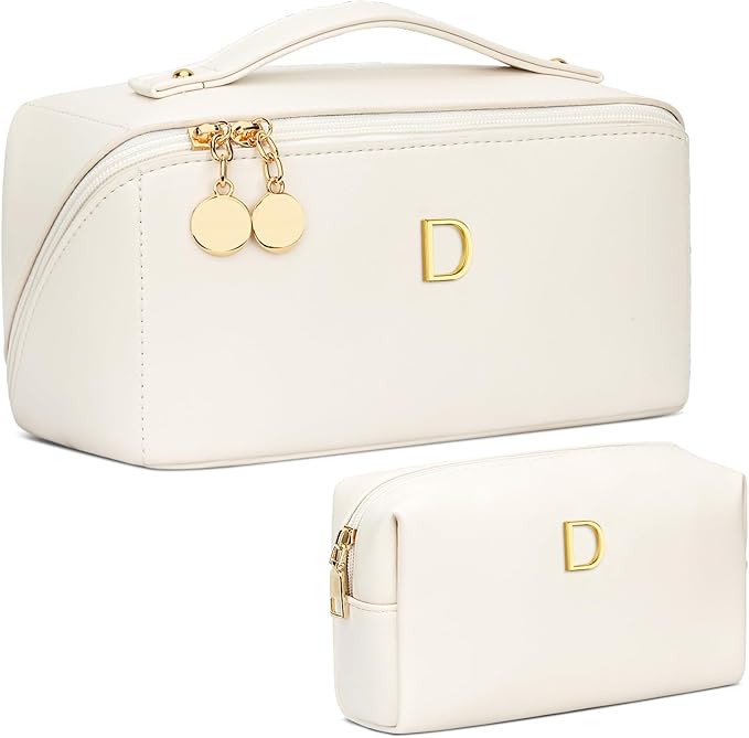Valentine's Day Gifts for Women Teen Girl, Personalized Initial Makeup Organizer Bag Set, Open Flat Travel Cosmetic Bag With Clear Divider and Handle(Beige,D)