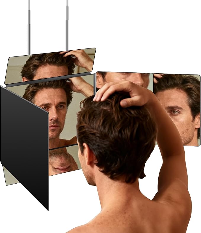 5 Way Mirror for Self Hair Cutting, 360 Haircuts Mirror Men for Barber Use Tools, to See Back of Head, Tri Fold with Portable Height Adjustable Telescoping Hooks