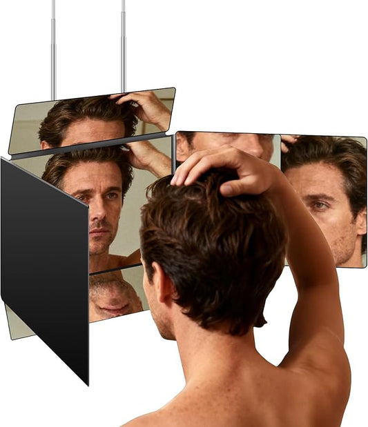 5 Way Mirror for Self Hair Cutting, 360 Haircuts Mirror Men for Barber Use Tools, to See Back of Head, Tri Fold with Portable Height Adjustable Telescoping Hooks