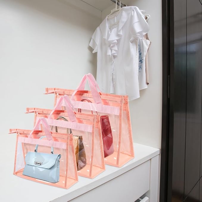 15 PCS Dust Bags for Handbags,Purse Protector Storage Bag,Purse Cover Hanging Closet Organizer with Zipper Handle,Clear Handbag Storage Organizer for Closet,3 Assorted Sizes(Pink)