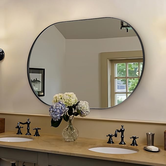 ANDY STAR Oval Bathroom Mirrors, 30x48’’ Double Vanity Mirror, Black Oval Mirrors for Bathroom, Stainless Steel Framed, 1’’ Deep Wall Mounted Vertical/Horizontal