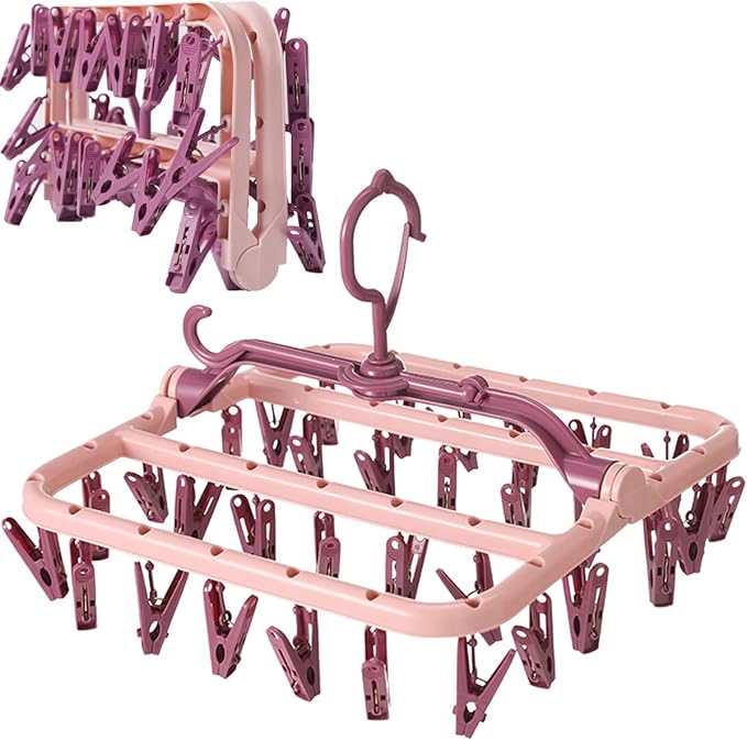 Clothes Drying Racks Foldable Clip Hangers Plastic with 32 Drying Clips Wind-Proof Hook Underwear Hanger for Socks Bras (Pink)