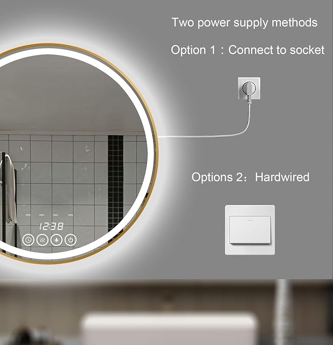 28 Inch Wall-Mounted Round Bathroom Mirror with LED-Lights - Frame Vanity Mirrors (28" x 28", Gold)