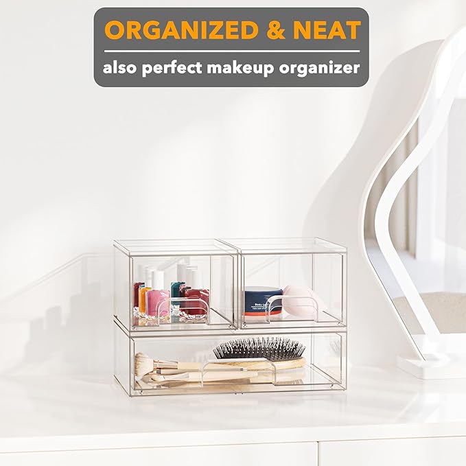 SpaceAid Bottle Storage Organizer Baby - Acrylic Bottles Station Organizer Container, Stackable Clear Drawers for Countertop, Vanity, Bathroom, Cabinet, Pantry Organization, 3 Pack, 2S1L, 7.8"H