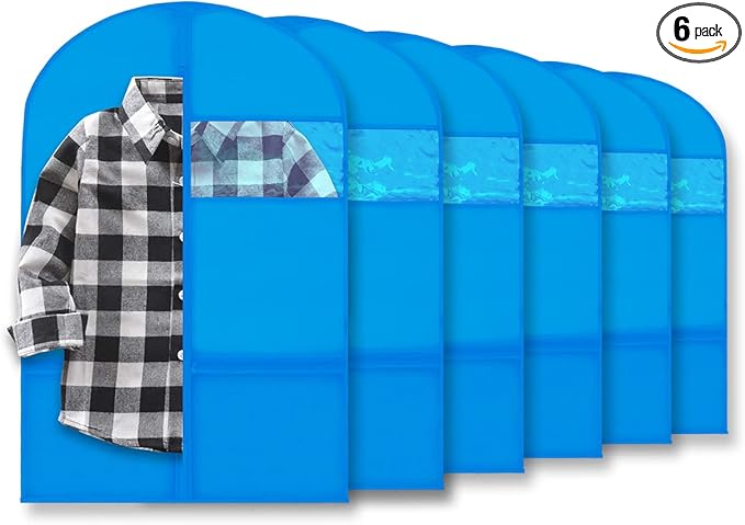 Plixio 36" Kids Garment Bags for Dance Costumes, Childrens Hanging Clothes, Uniform, Suits, Boys Recital Outfit Organizer - Dance Garment Bags For Dancers with Zippered Pockets (6 Pack : 36", Blue)