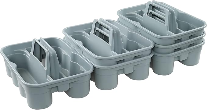 6-Pack Plastic Storage Caddy, Cleaning Caddy with Handle, Gray